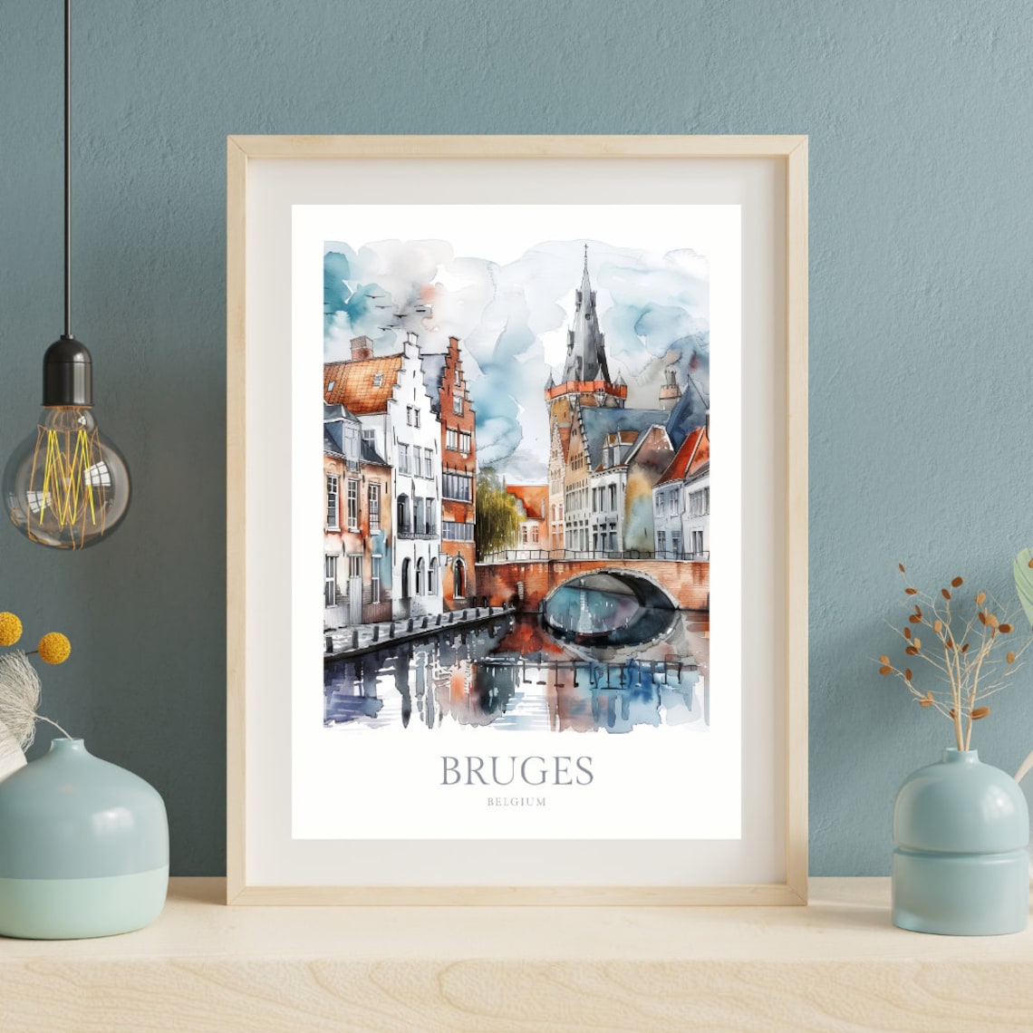 Bruges Belgium Canal Watercolor Cityscape Stepped Gable Houses Poster - Image 2