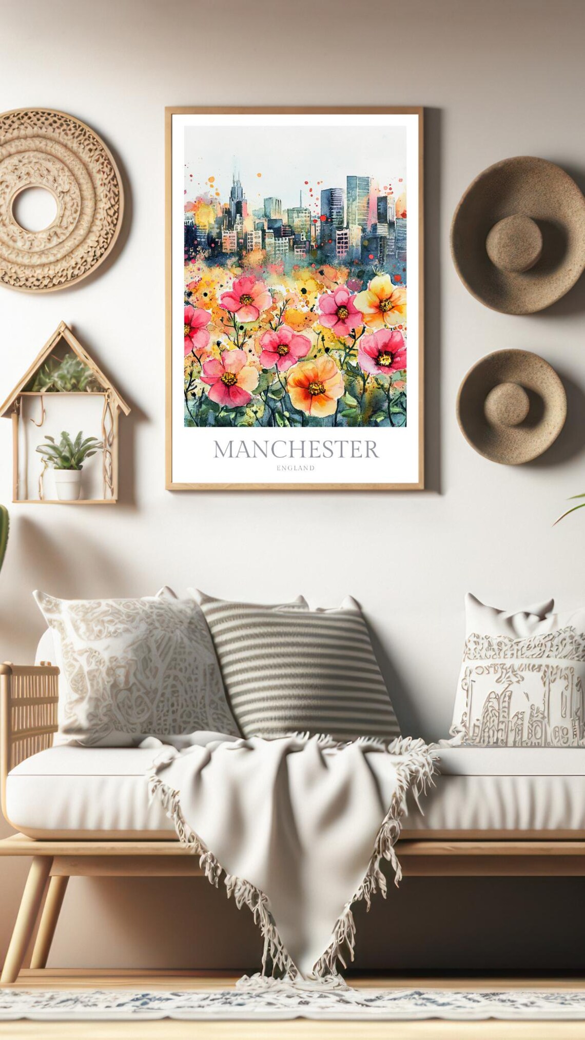 Manchester England Watercolor City Skyline Poster With Wildflowers - Image 2