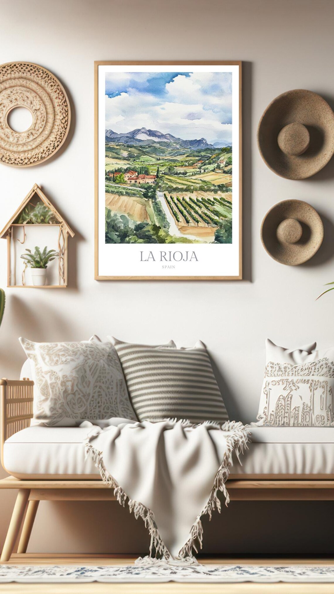 La Rioja Spain Vineyard Rows Farmhouse Mountain Travel Poster - Image 2