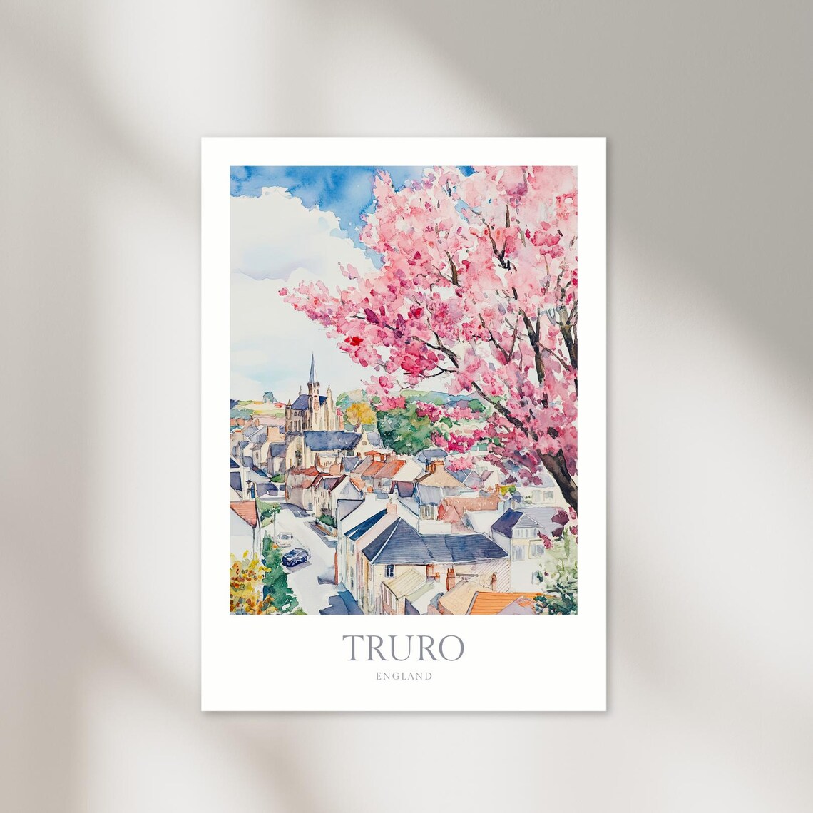 Truro England Cherry Blossom Cathedral Watercolor Town Poster