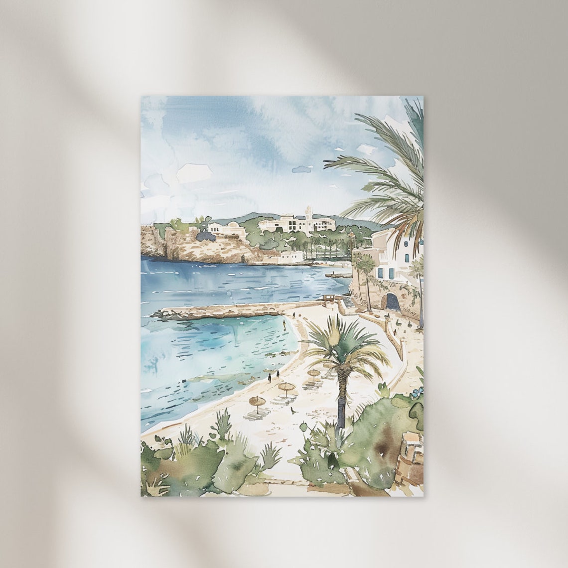 Ibiza Spain Beach Palms White Buildings Watercolor Art Print