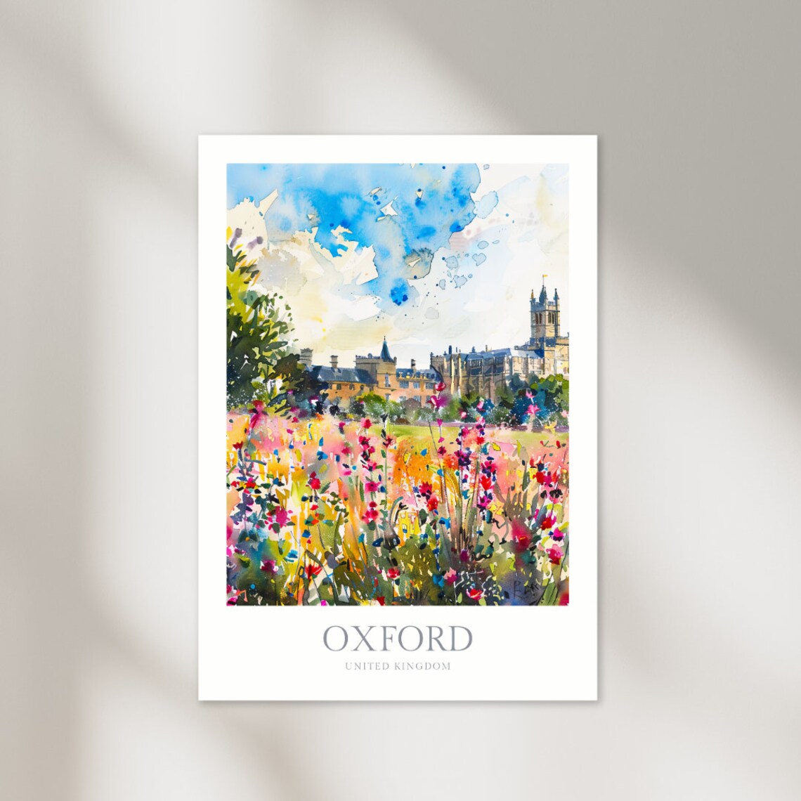 Oxford United Kingdom Watercolor College Buildings Poster Wildflowers