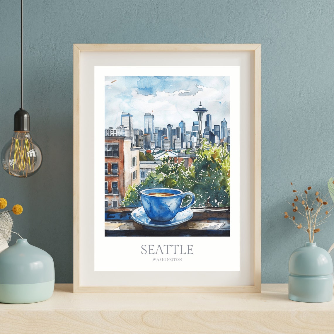 Seattle Washington Watercolor Space Needle Coffee Cup Skyline Poster - Image 2