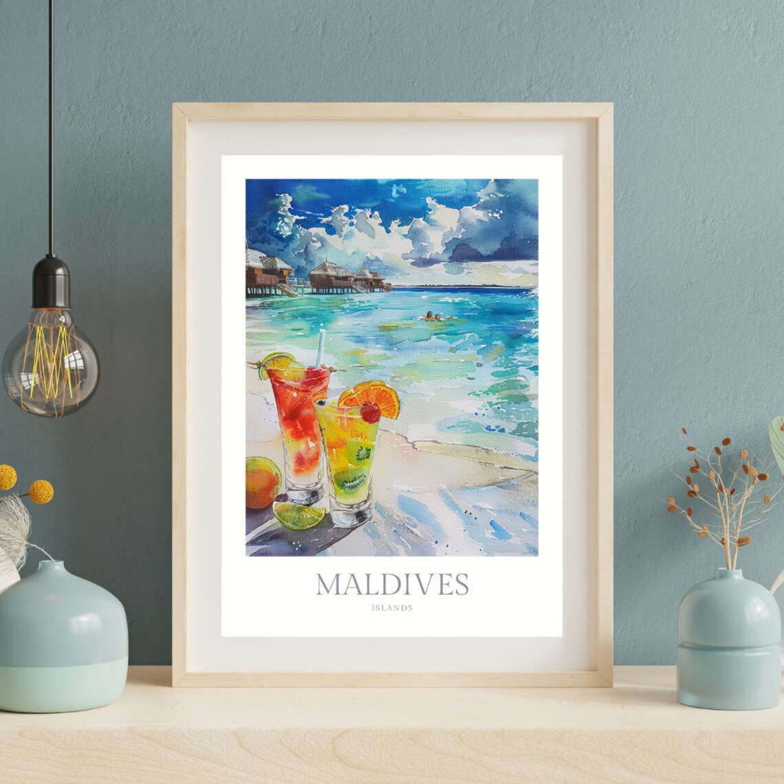Maldives Islands Watercolor Beach Cocktails Overwater Bungalow Poster - Image 2