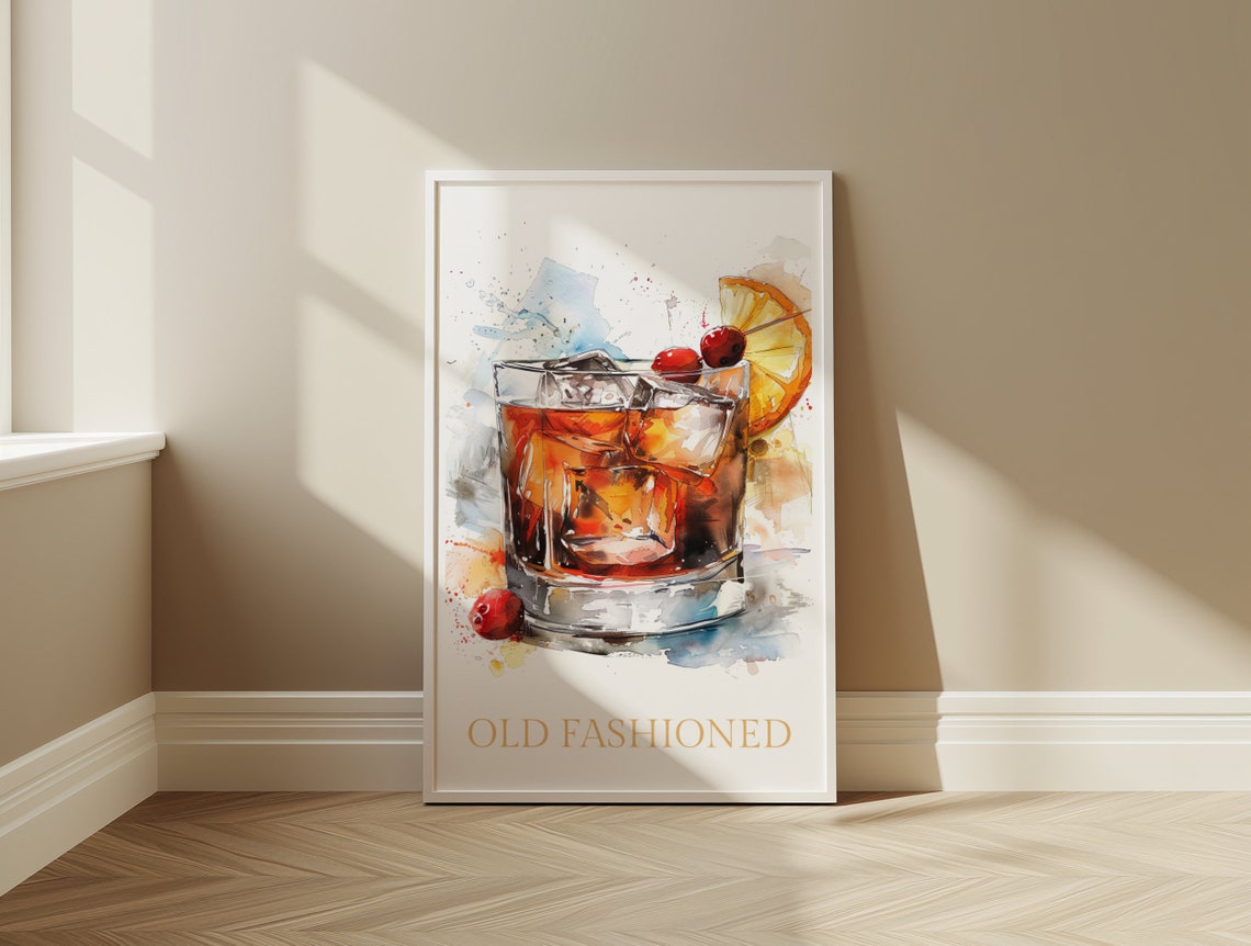 Old Fashioned Cocktail Watercolor Whiskey Bar Kitchen Decor Poster