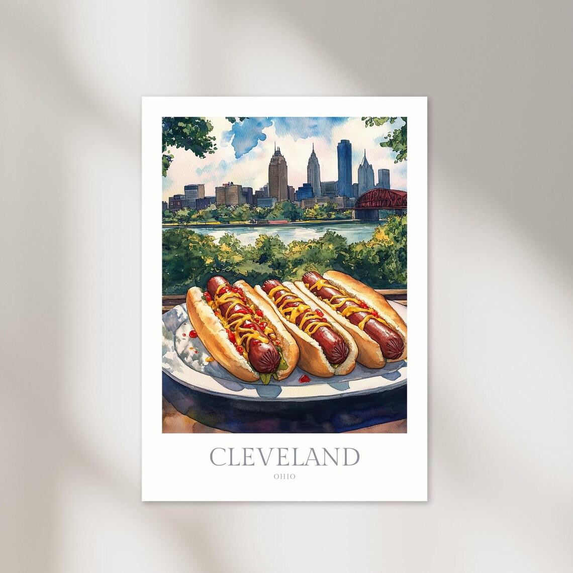 Cleveland Ohio Hot Dogs Skyline Bridge Watercolor Food Art Poster