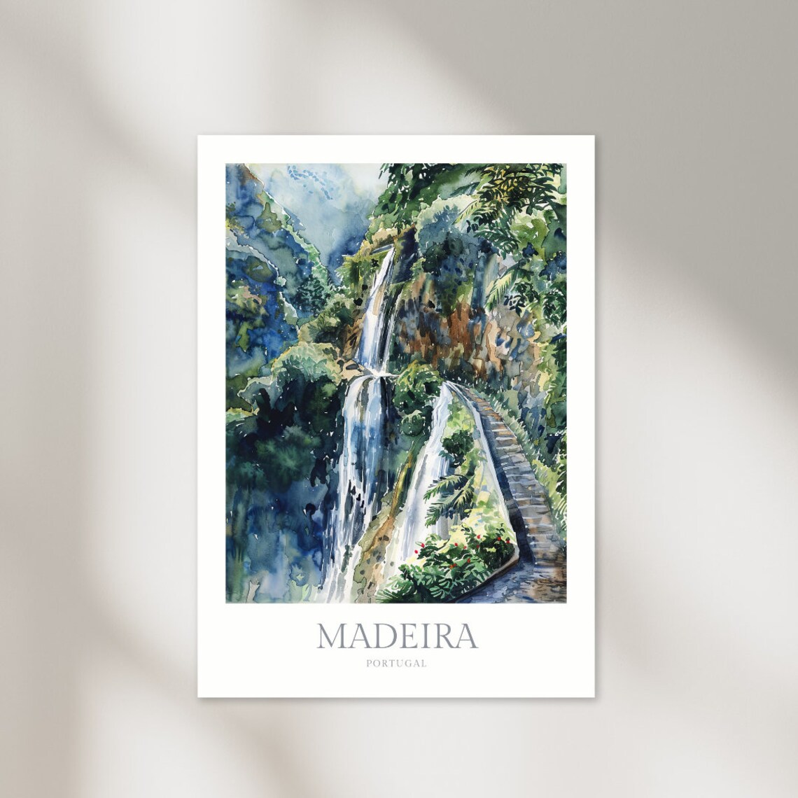 Madeira Portugal Lush Waterfall Cliff Garden Watercolor Travel Poster