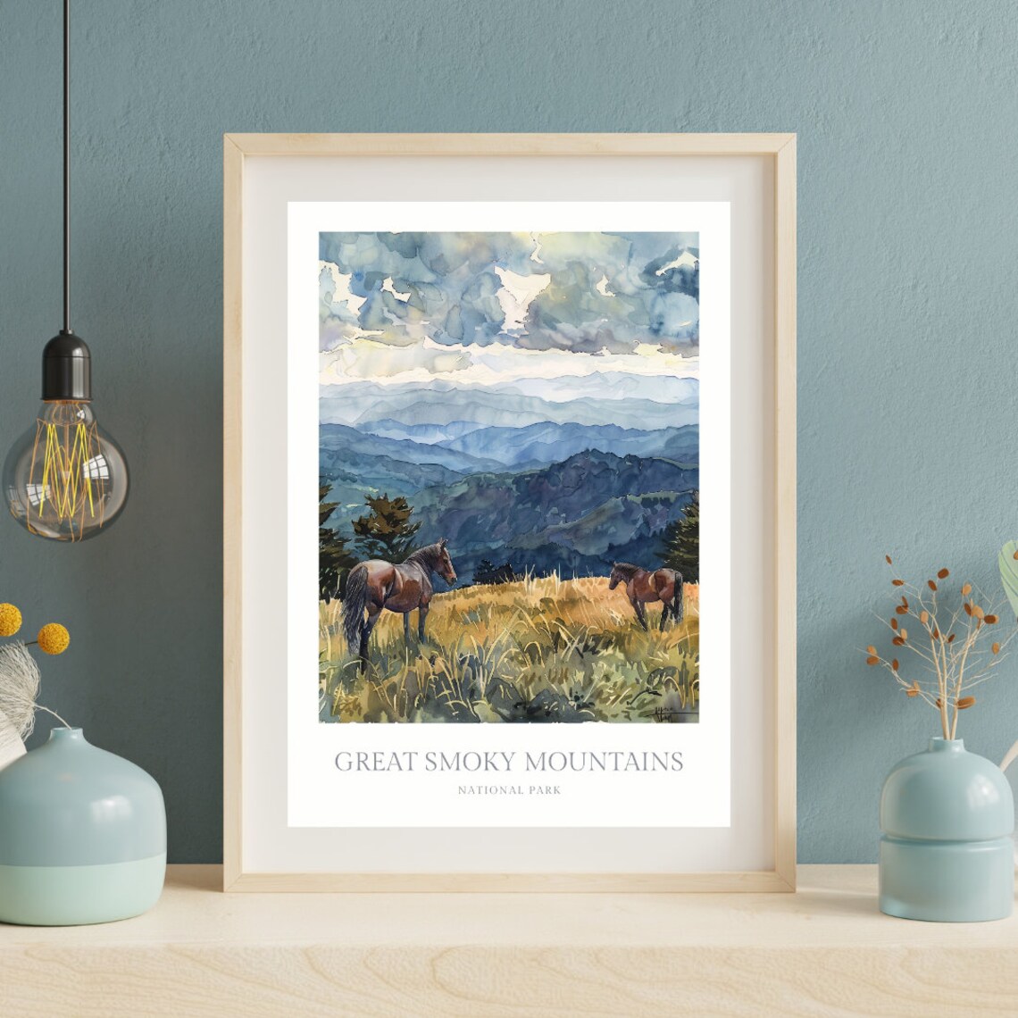 Great Smoky Mountains National Park Horses Meadow Watercolor Poster - Image 2