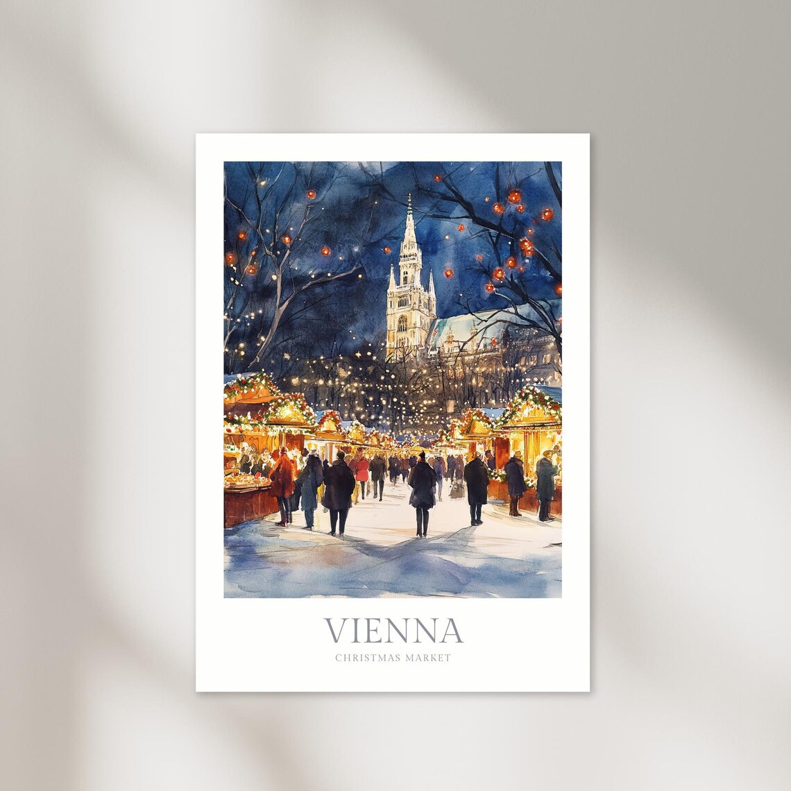 Vienna Christmas Market Watercolor Poster, Austria
