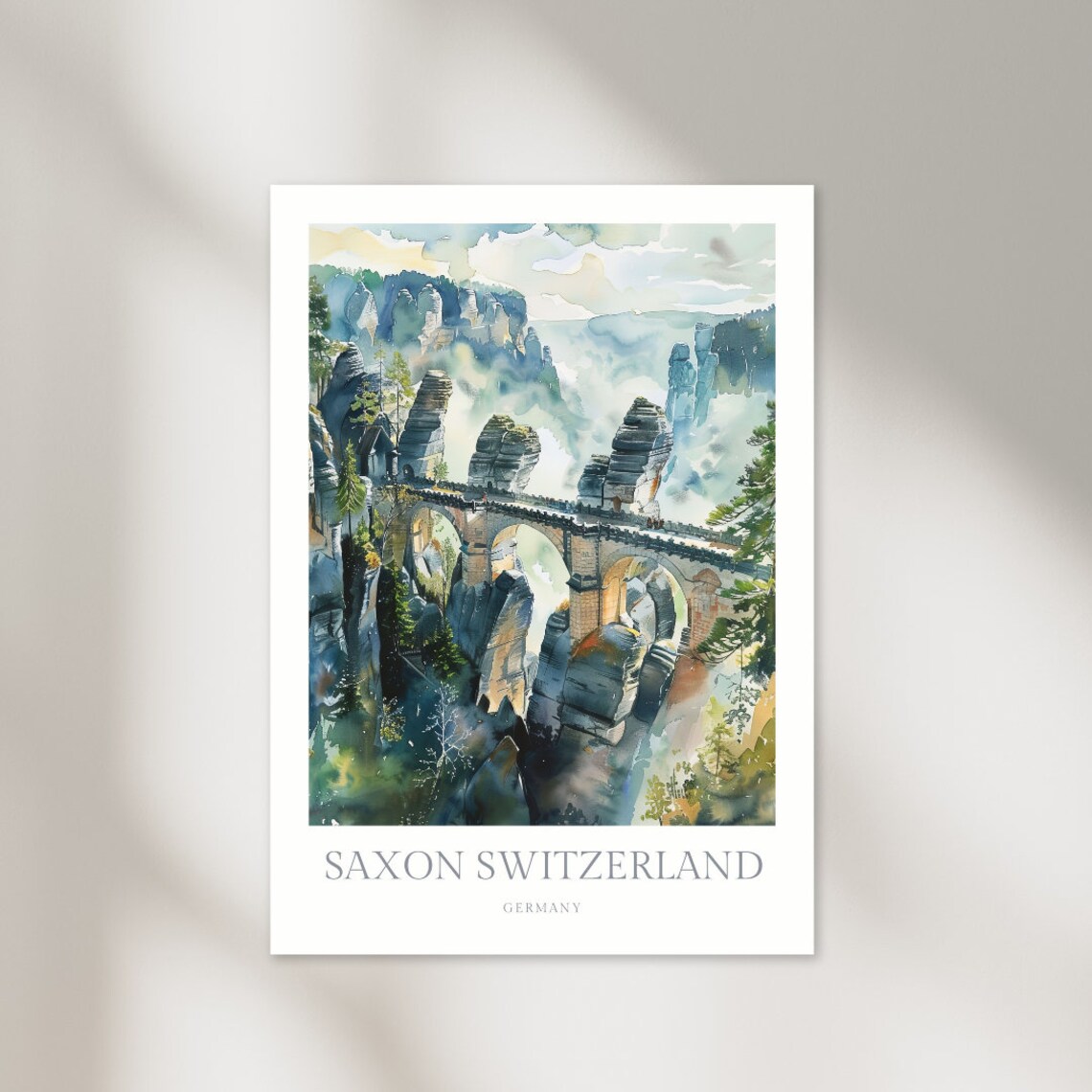 Saxon Switzerland Germany Watercolor Poster of Bastei Stone Bridge