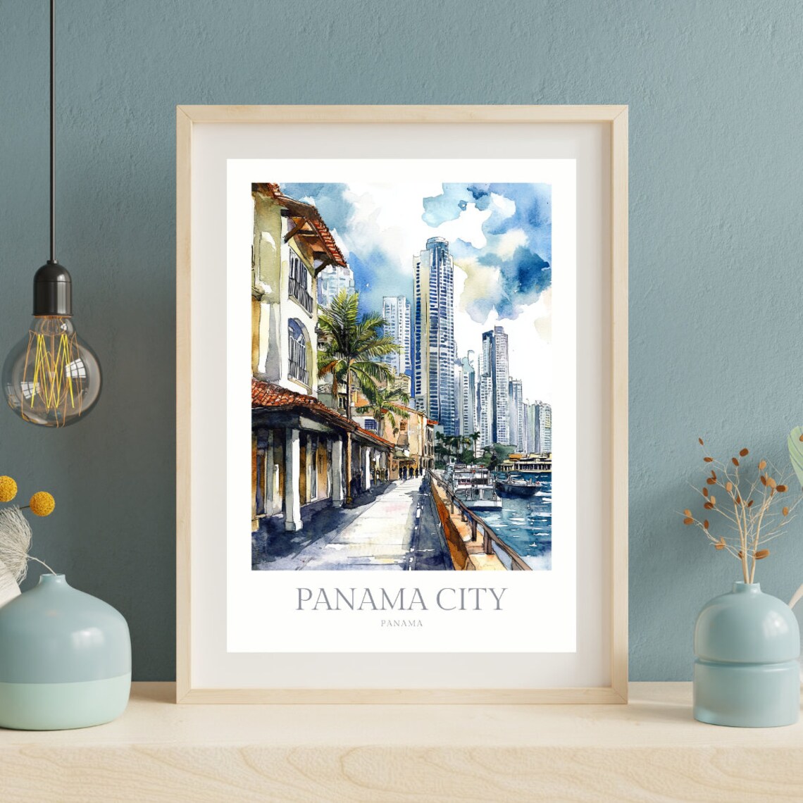 Panama City Panama Watercolor Skyline Waterfront Travel Poster - Image 2