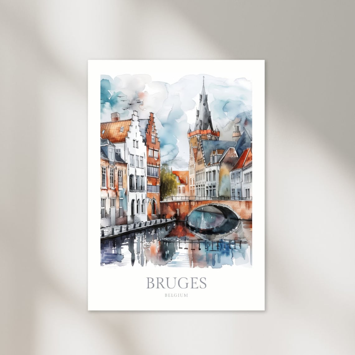 Bruges Belgium Canal Watercolor Cityscape Stepped Gable Houses Poster