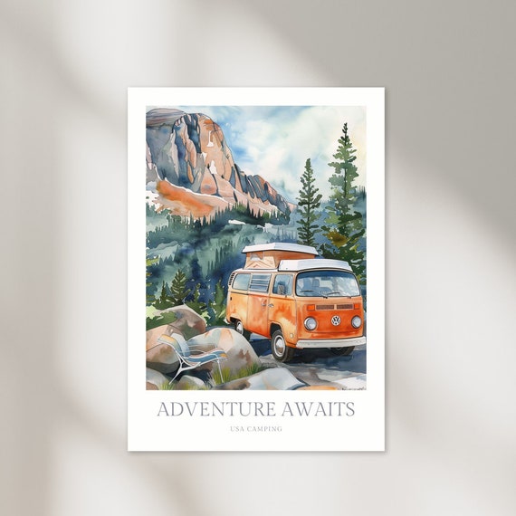 Adventure Awaits Camper Van Watercolor Mountain Camping Poster