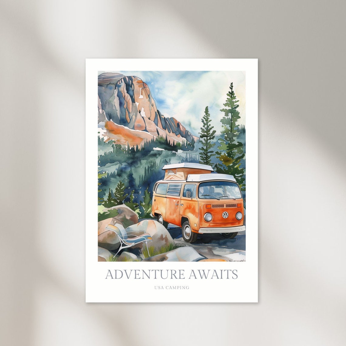Adventure Awaits Camper Van Watercolor Mountain Camping Poster