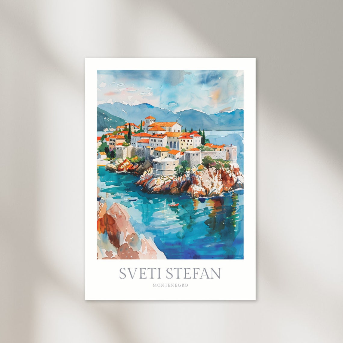 Sveti Stefan Montenegro Turquoise Water Watercolor Village Poster