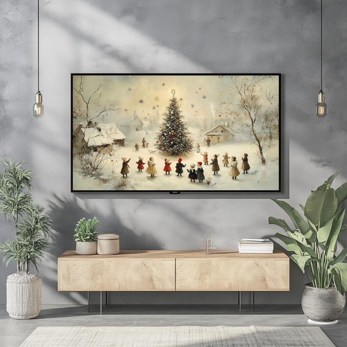 Cozy Christmas Village Kids Tree Vintage Winter Frame TV Art Print - Image 2