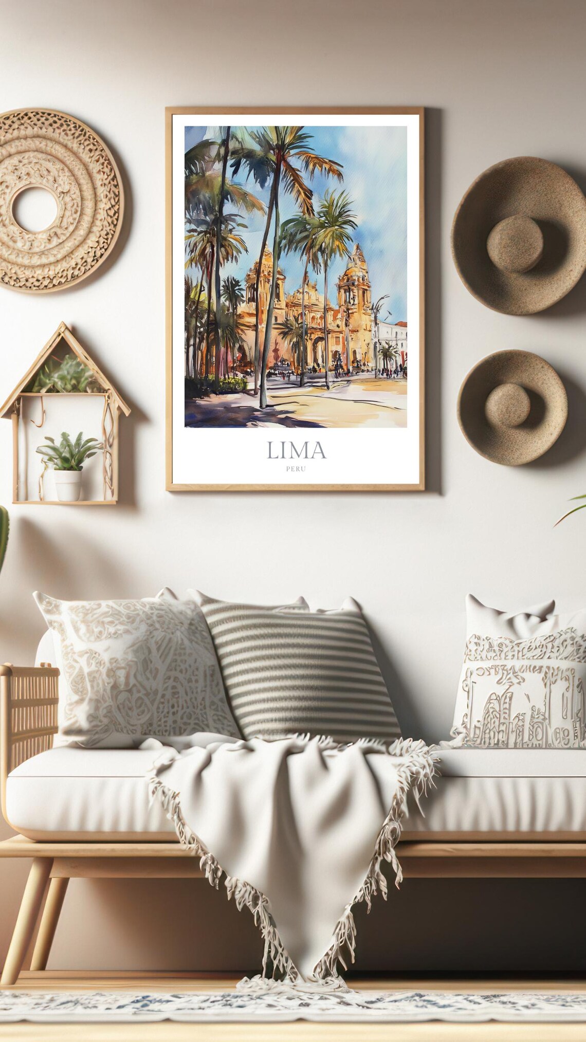 Lima Peru Cathedral Plaza Palm Trees Sunny Watercolor Travel Poster - Image 3