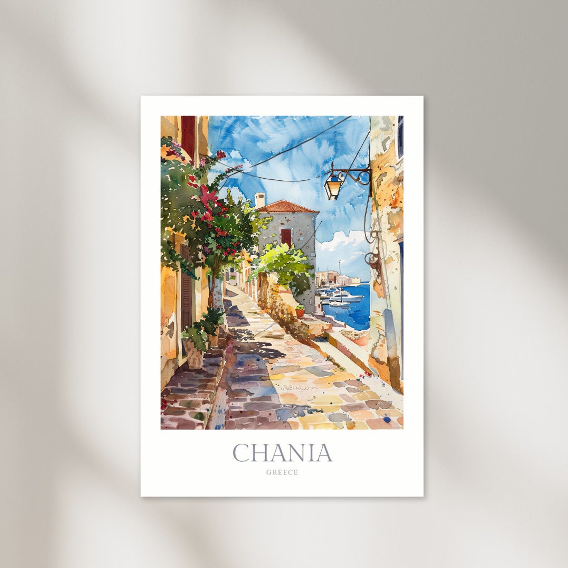 Chania Greece Watercolor Old Town Alley Harbor View Art Print