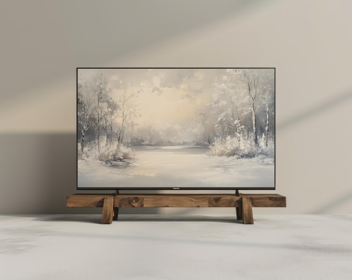 Frosty Winter Lake White Snow Landscape Serene Oil Painting Wall Art - Image 3
