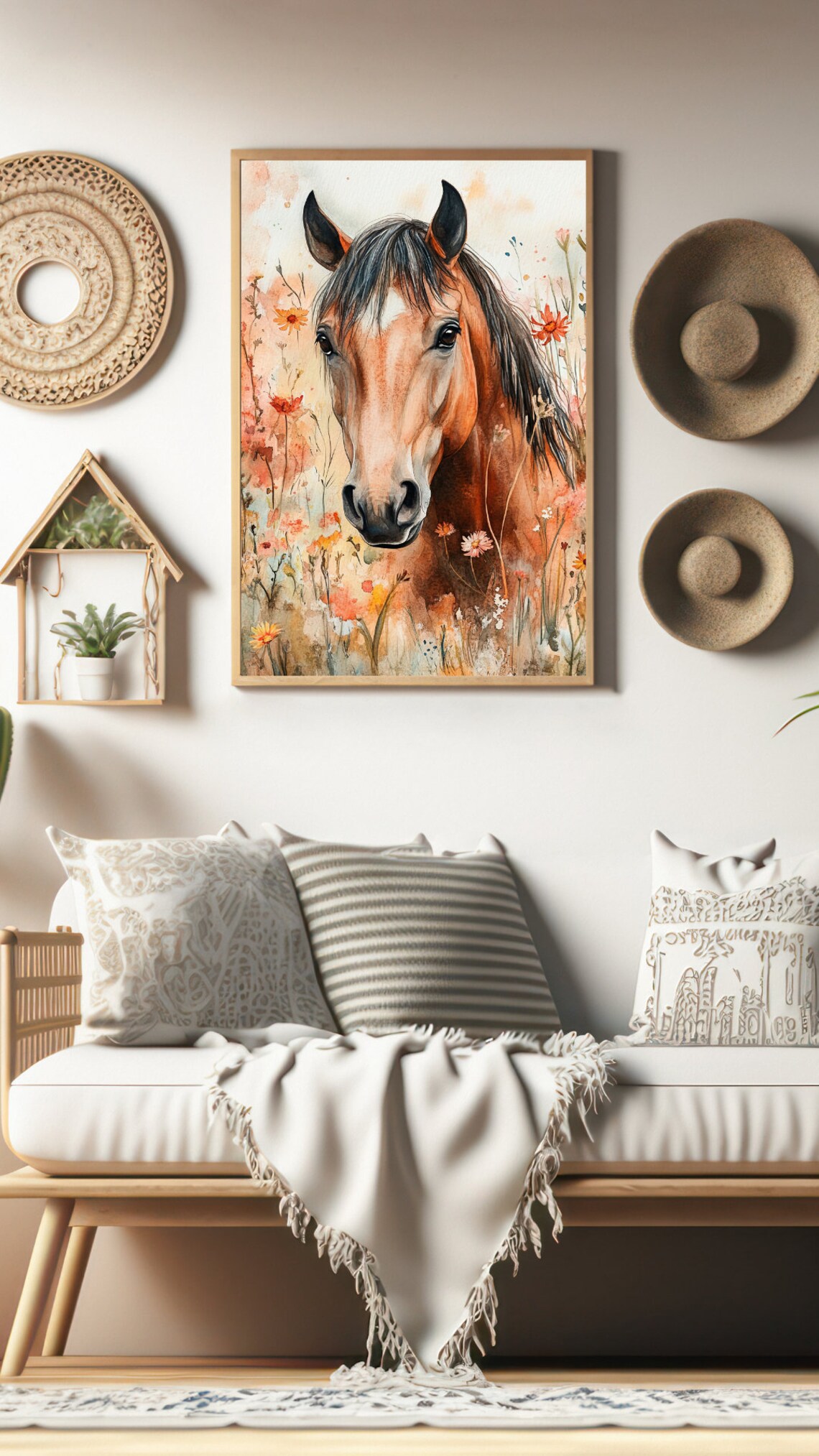 Chestnut Horse Portrait Amid Wildflowers Watercolor Horse Poster - Image 2