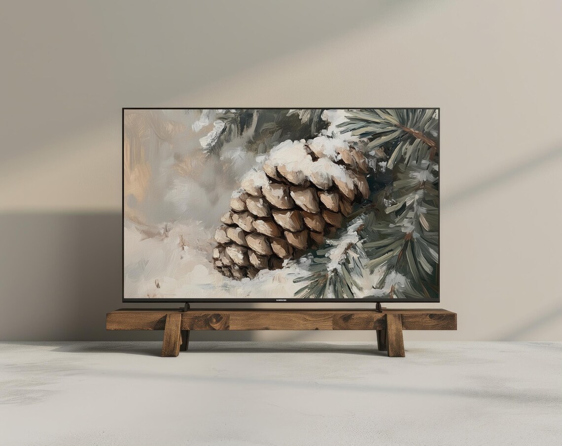 Winter Pinecone Forest Vintage Oil Painting Snowy Branch Wall Art - Image 2