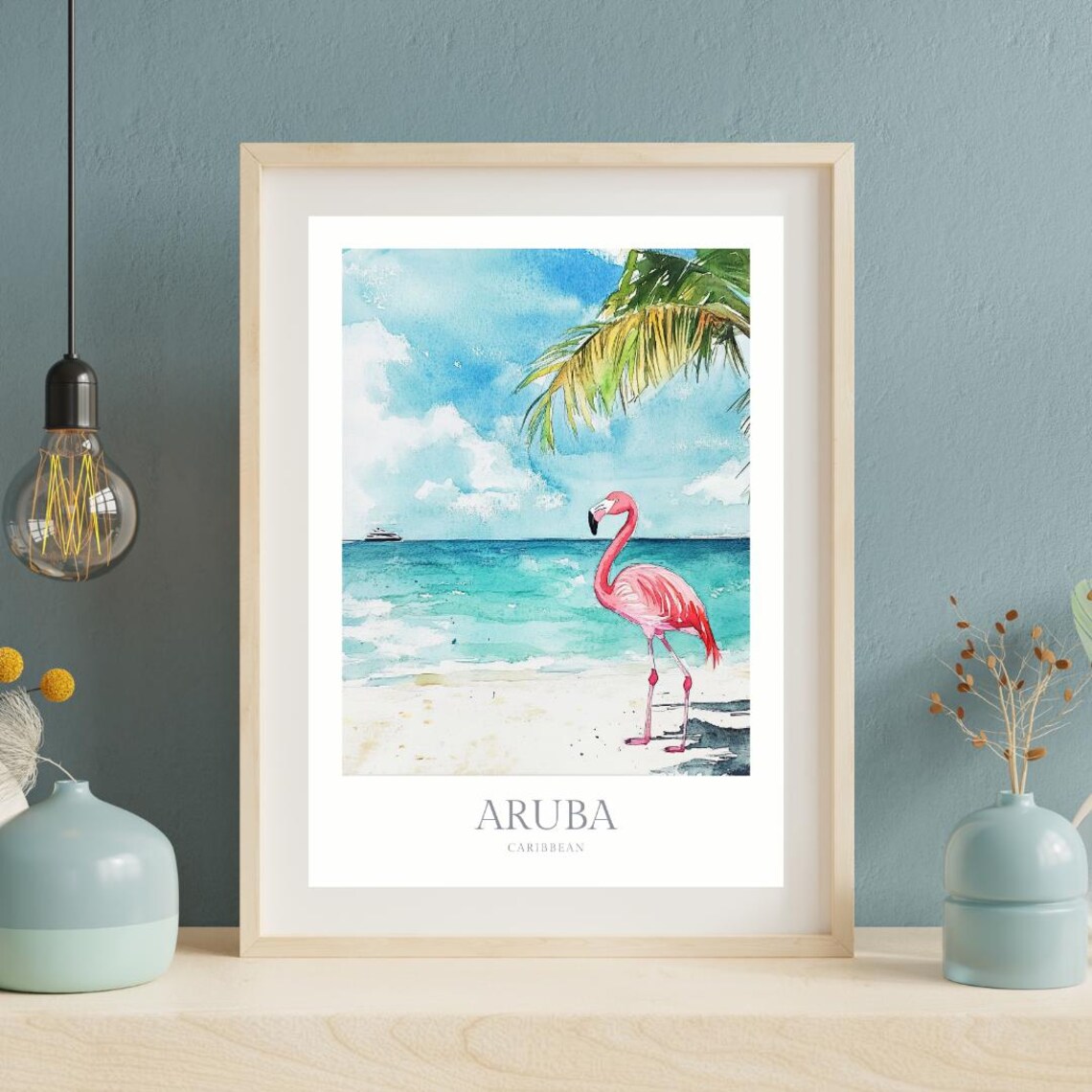 Aruba Caribbean Flamingo Beach Watercolor Tropical Travel Poster - Image 2