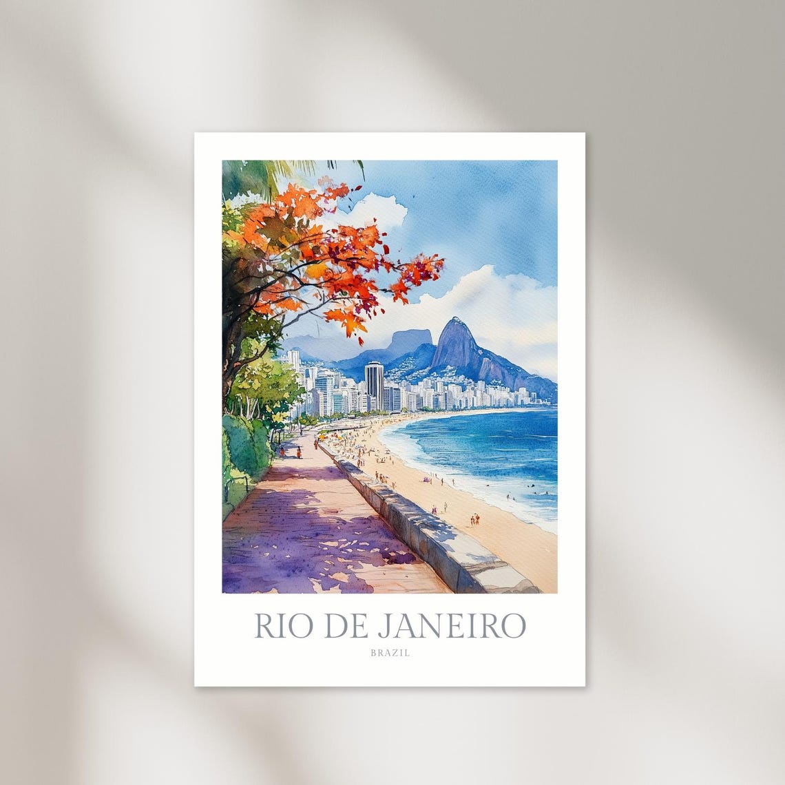 Rio De Janeiro Brazil Copacabana Beach Ocean Watercolor Travel Poster