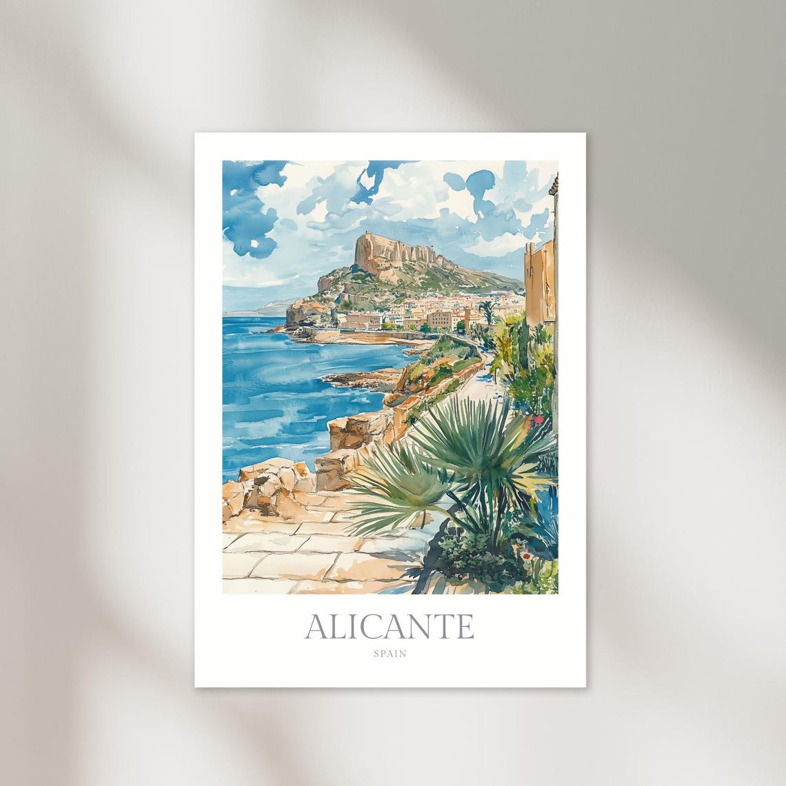 Alicante Spain Coastal Castle Overlook Mediterranean Watercolor Poster