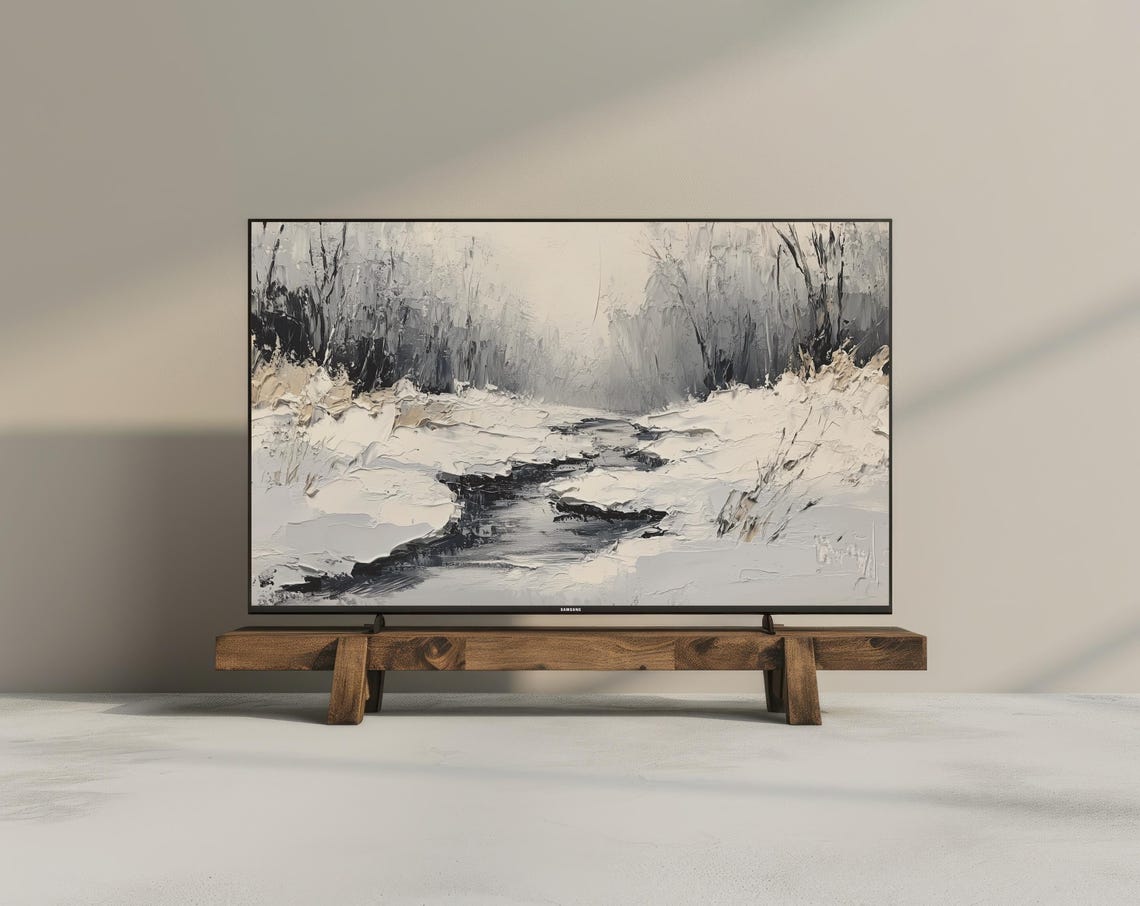 Snowy Winter Stream Textured Impasto Grey Neutral Frame TV Poster - Image 3