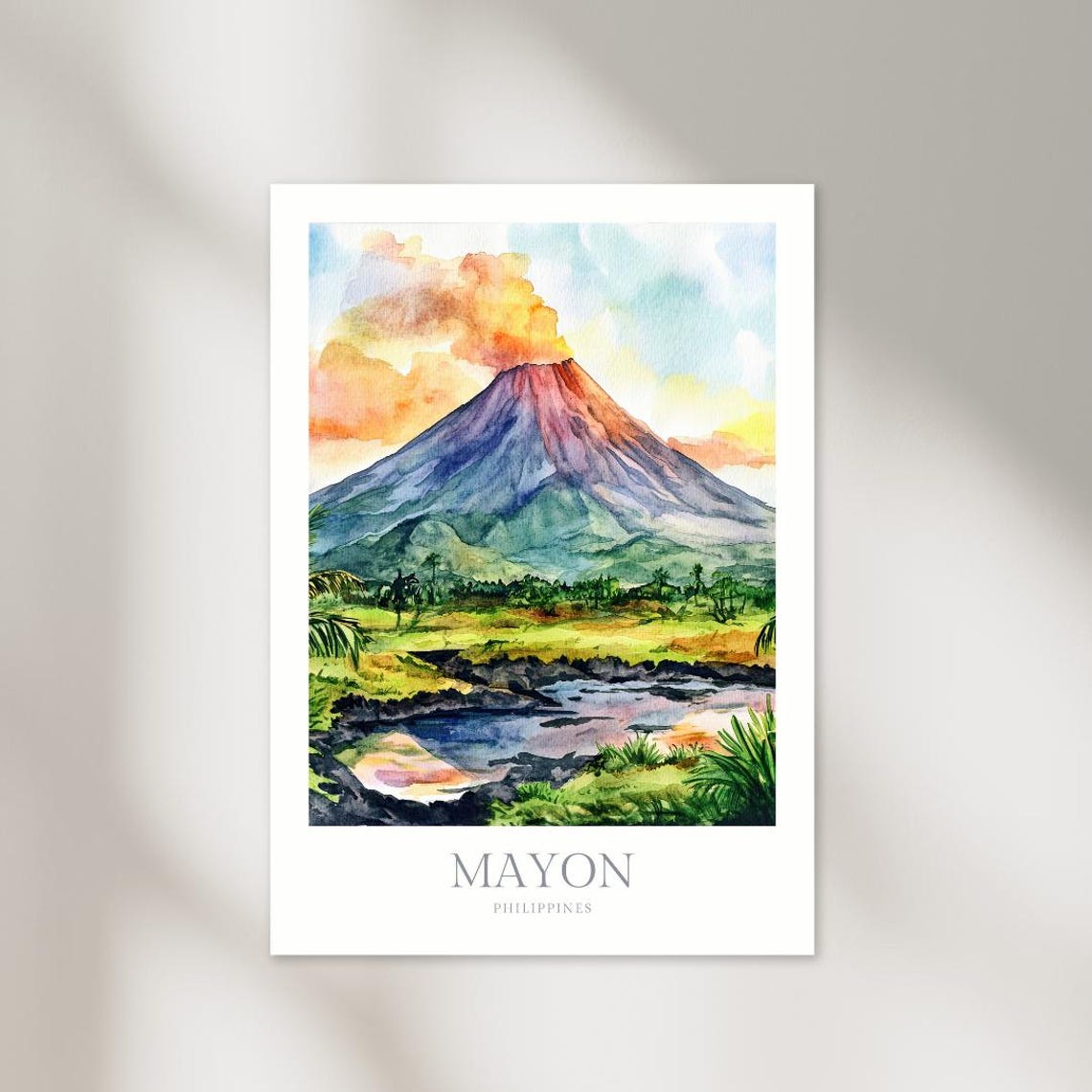 Mayon Volcano Philippines Dramatic Sunset Eruption Watercolor Poster