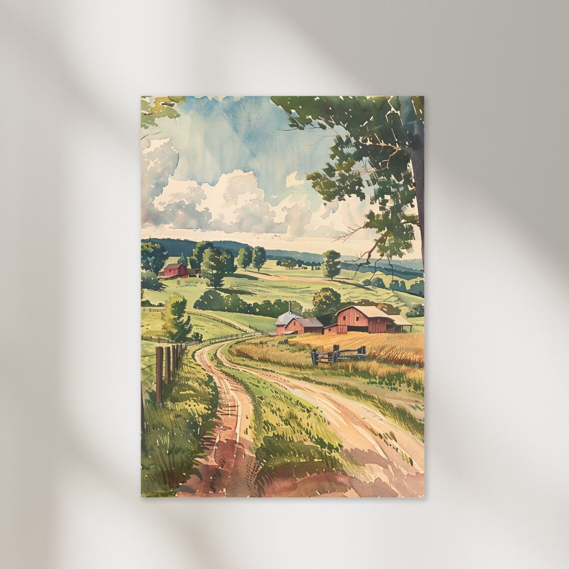 Country Farm Barns Winding Dirt Road Rolling Hills Watercolor Poster - Image 2