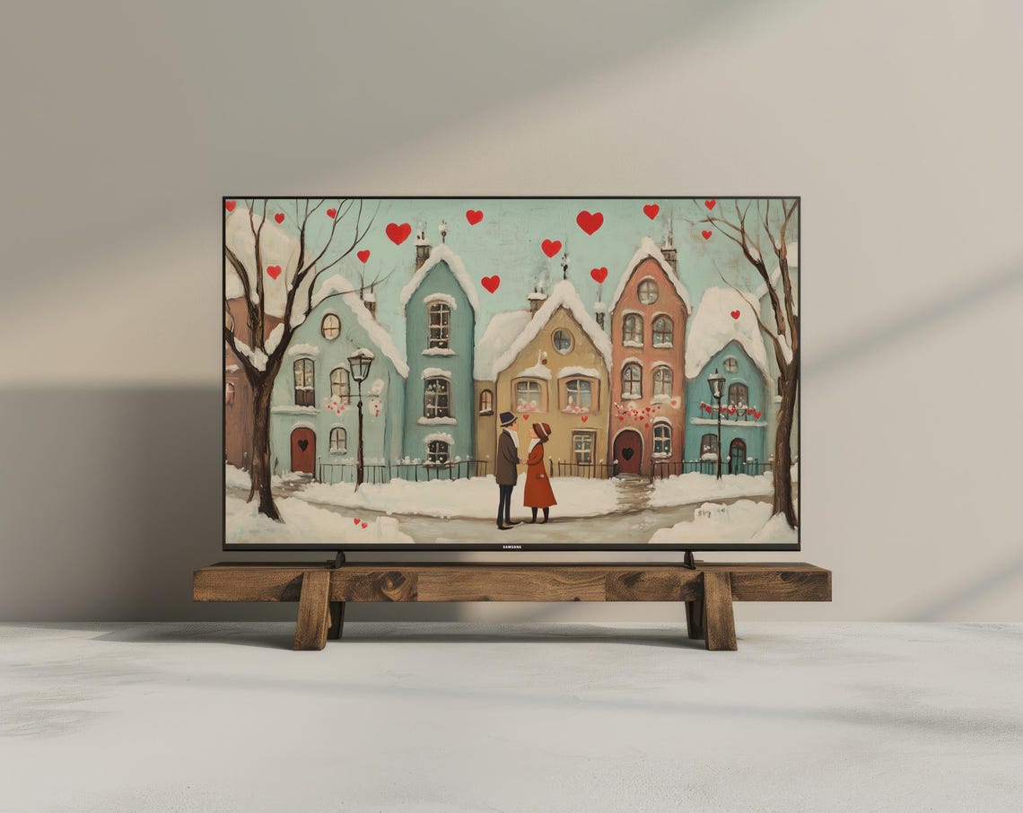 Valentine Snowy Town Couple Hearts Winter Romance Painting Wall Art - Image 3