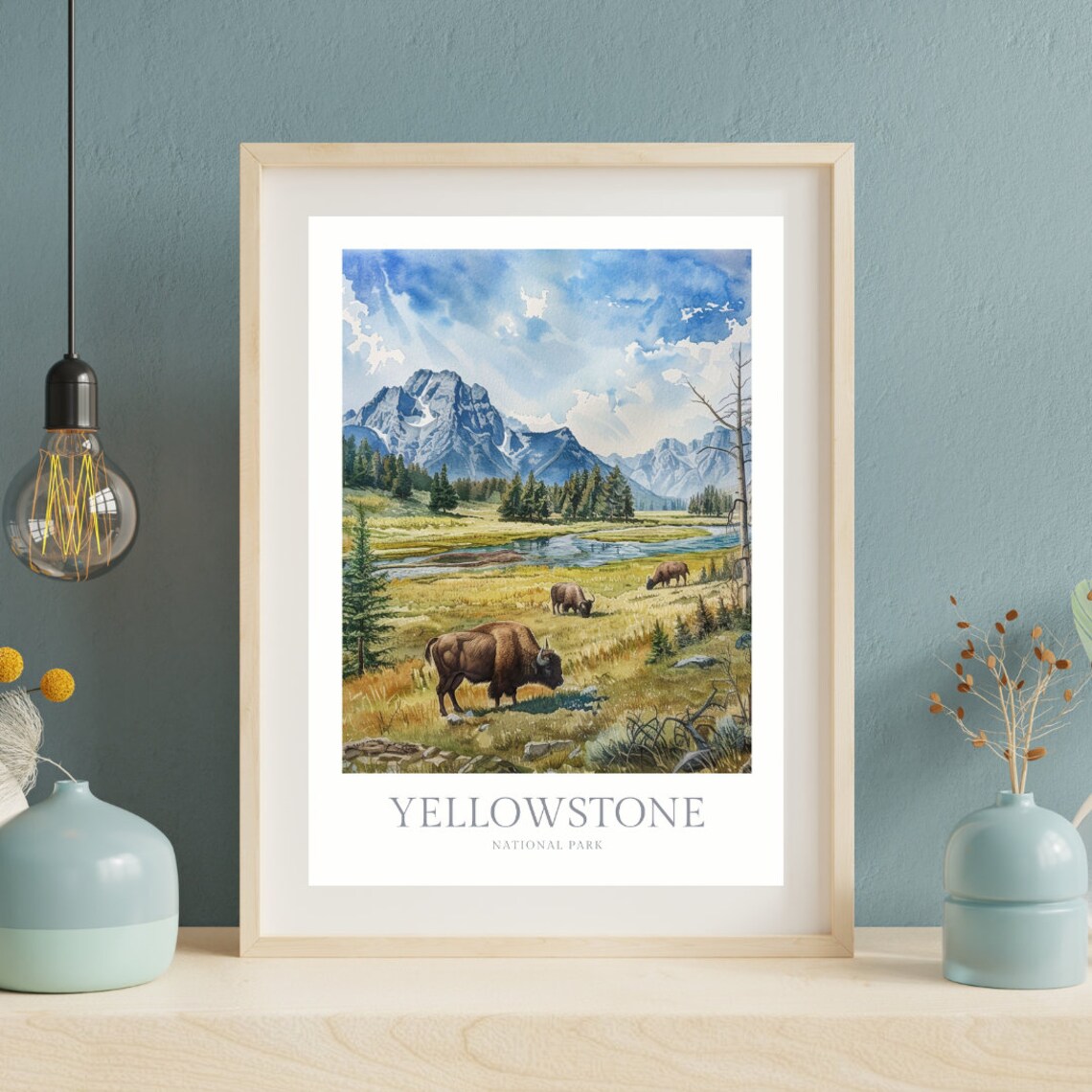 Yellowstone National Park Bison Valley Watercolor Wildlife Travel Poster - Image 2