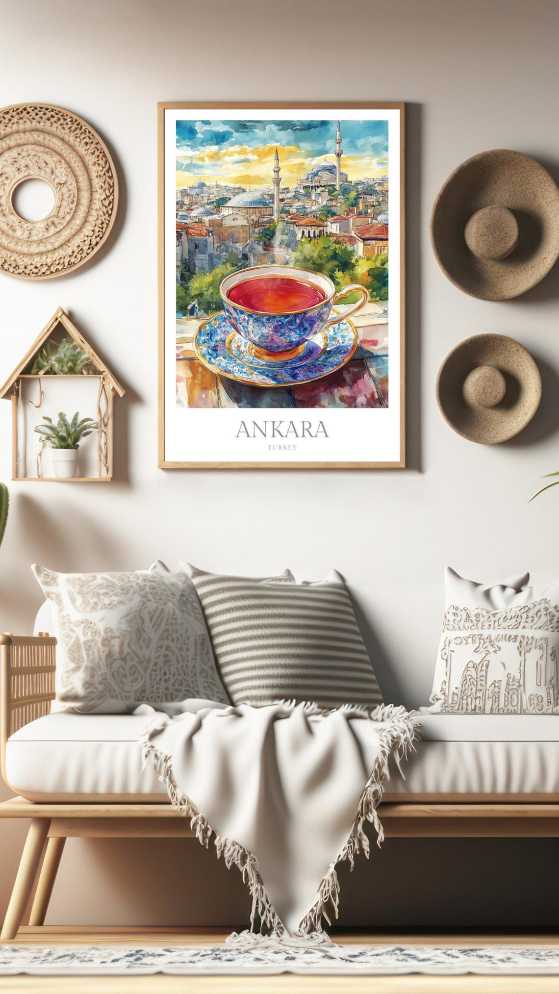 Ankara Turkey Turkish Tea Cup Mosque Skyline Watercolor Travel Poster - Image 3