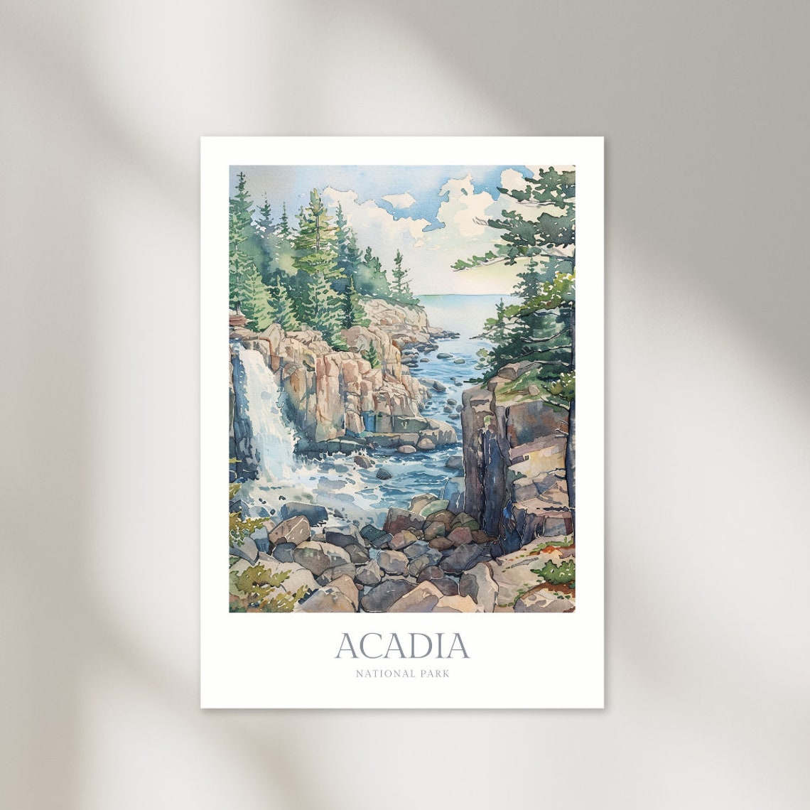 Acadia National Park Rocky Coast Waterfall Watercolor Travel Poster