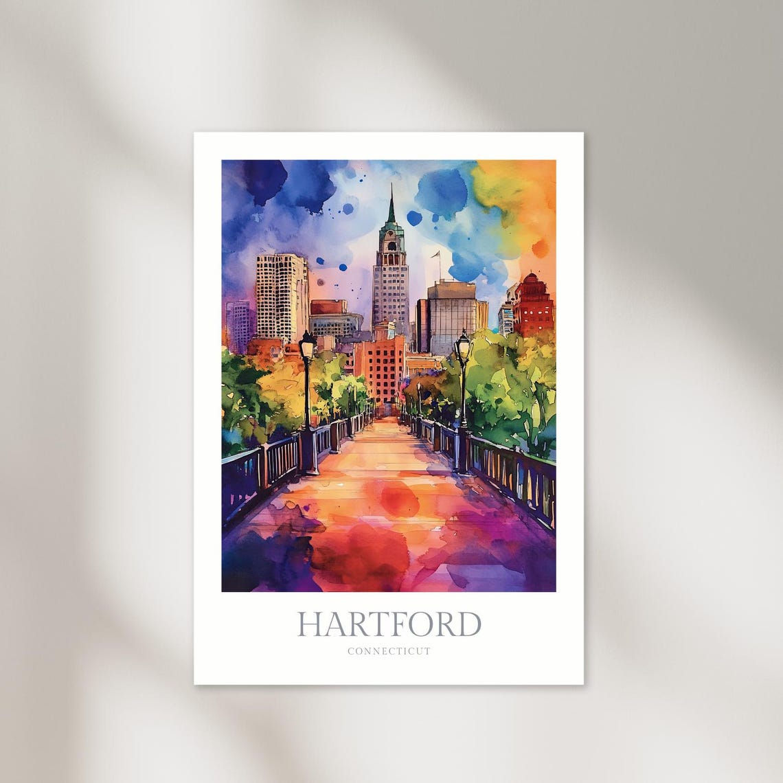 Hartford Connecticut Bridge City Skyline Watercolor Artwork Poster