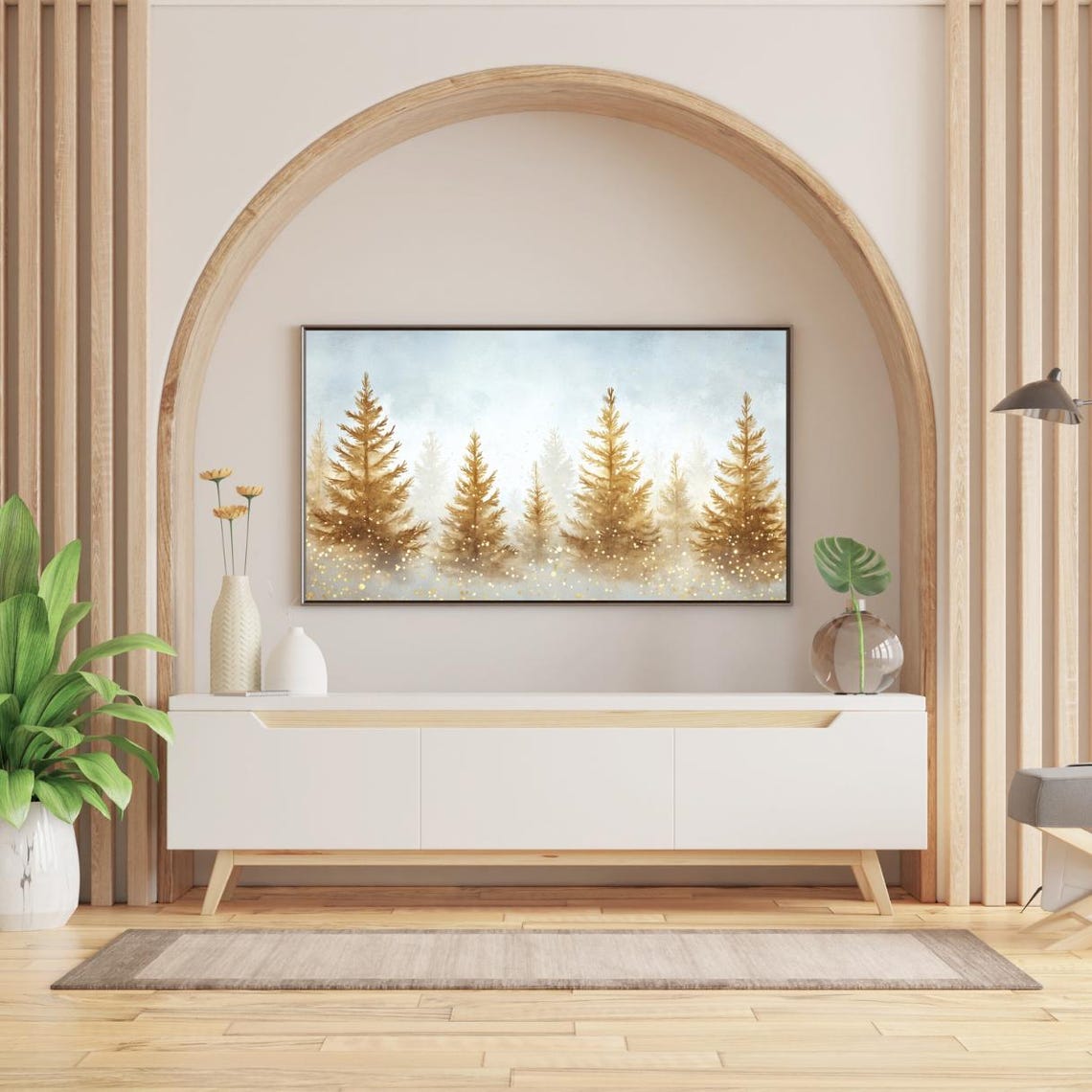 Golden Pine Trees Misty Winter Forest Watercolor Nature Wall Art - Image 2
