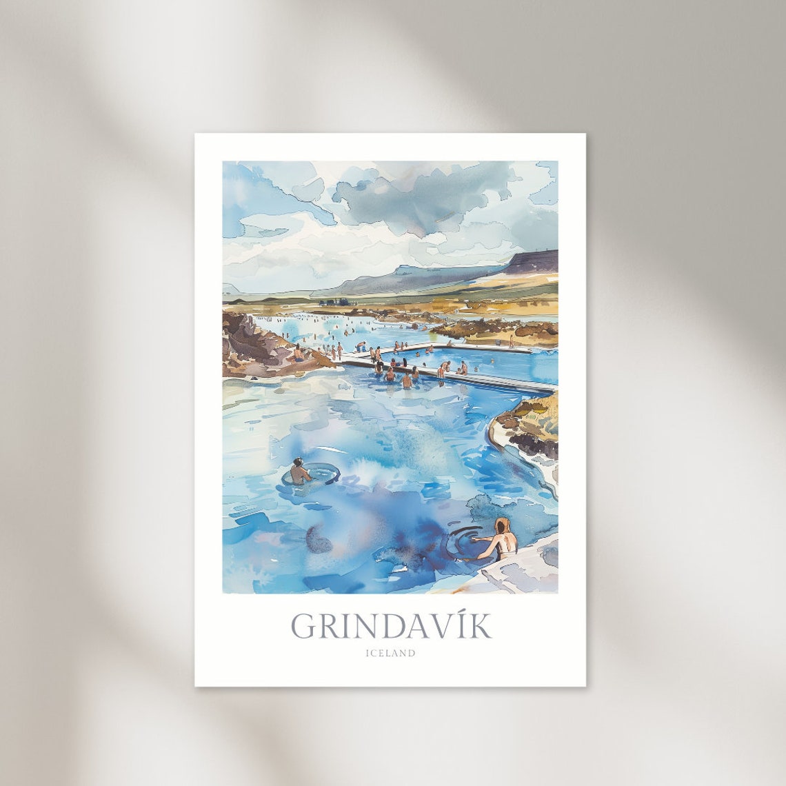 Grindavik Iceland Watercolor Geothermal Lagoon Bathers Travel Poster