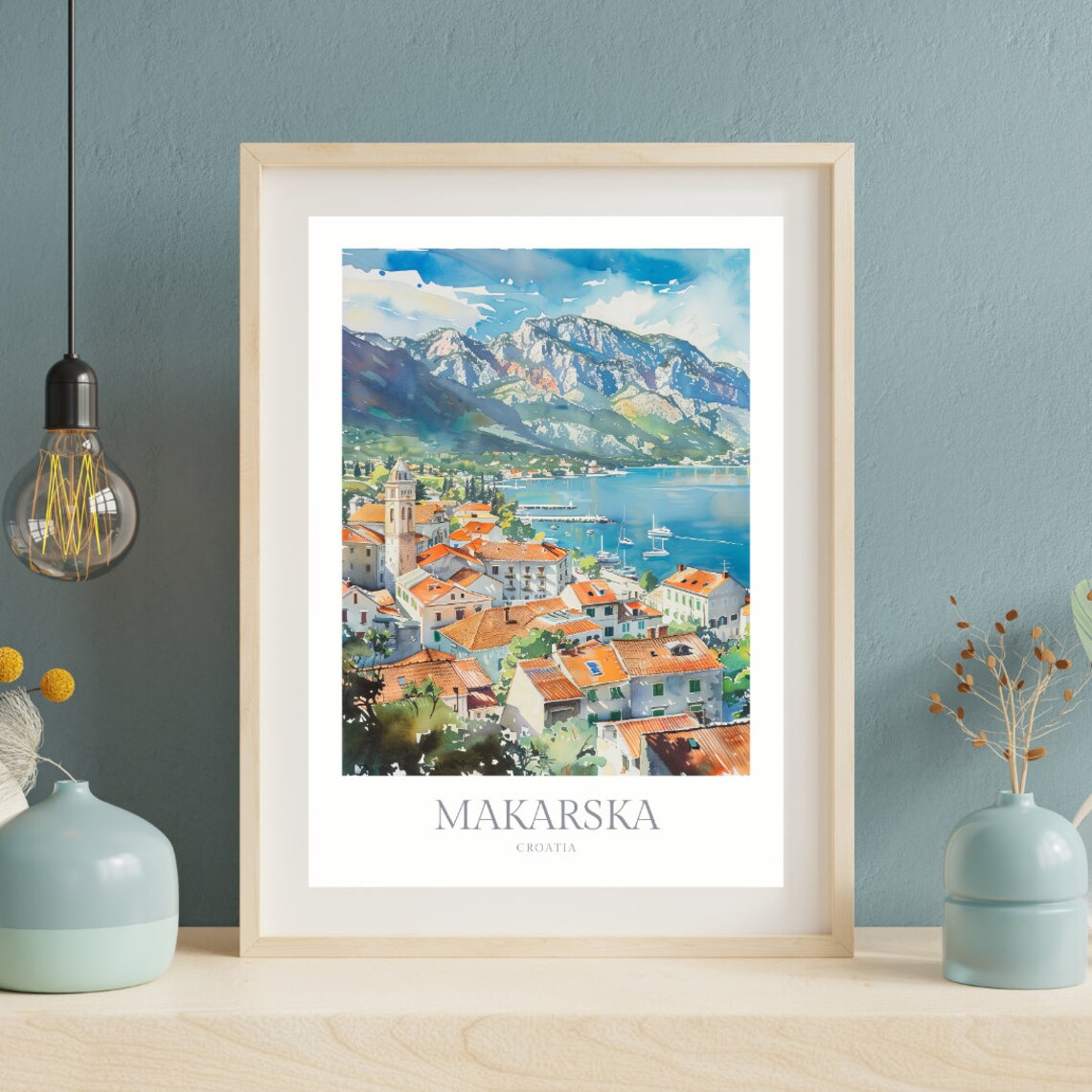 Makarska Croatia Watercolor Old Town Harbor Mountain Travel Poster - Image 2