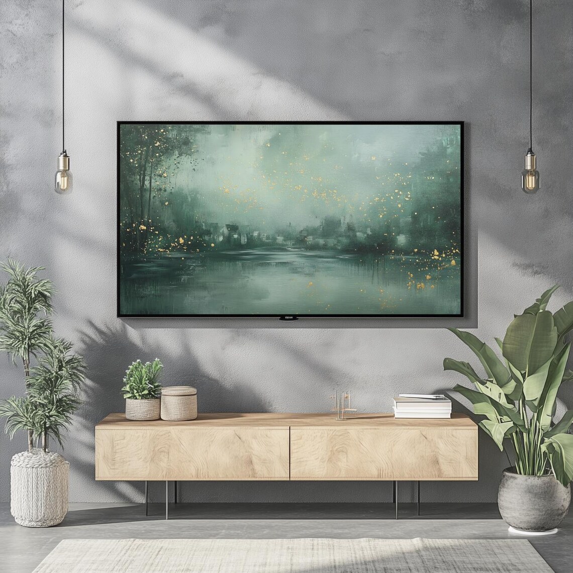 Moody Emerald Village Abstract Gold Fleck Modern Oil Painting Wall Art - Image 2