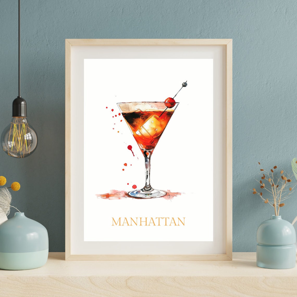 Manhattan Cocktail Cherry Watercolor Bar Kitchen Decor Poster - Image 3