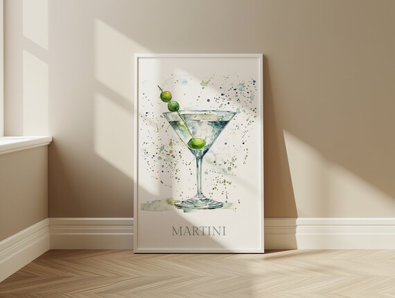 Martini Cocktail Olive Watercolor Splash Bar Kitchen Decor Poster