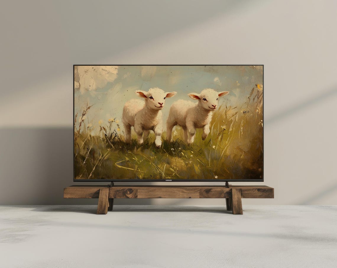 Two Baby Lambs Spring Meadow Vintage Rustic Sheep Oil Painting Poster - Image 3