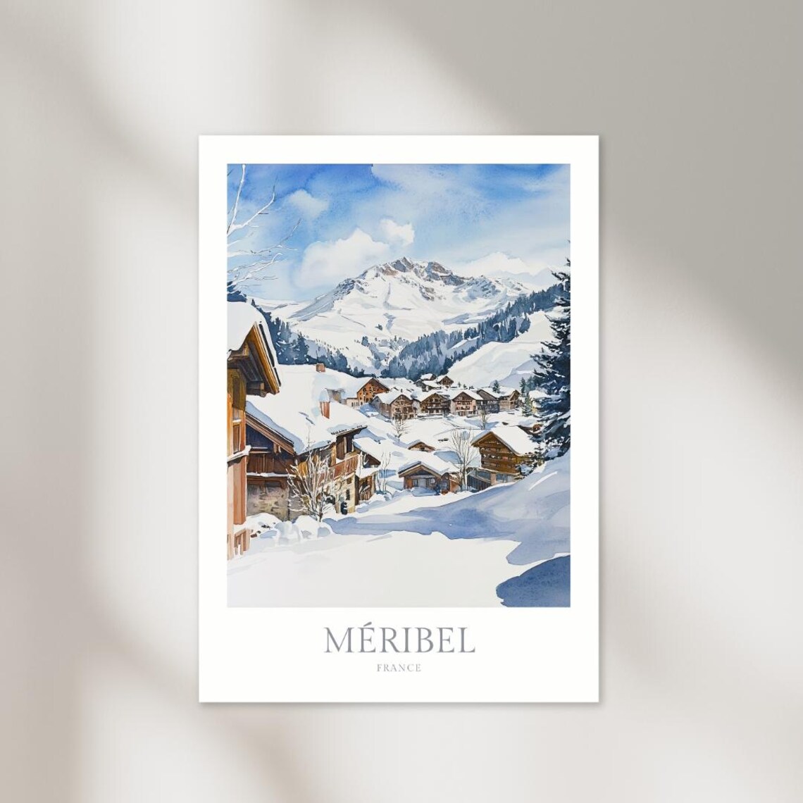 Meribel France Snowy Ski Chalets Mountain Watercolor Travel Poster