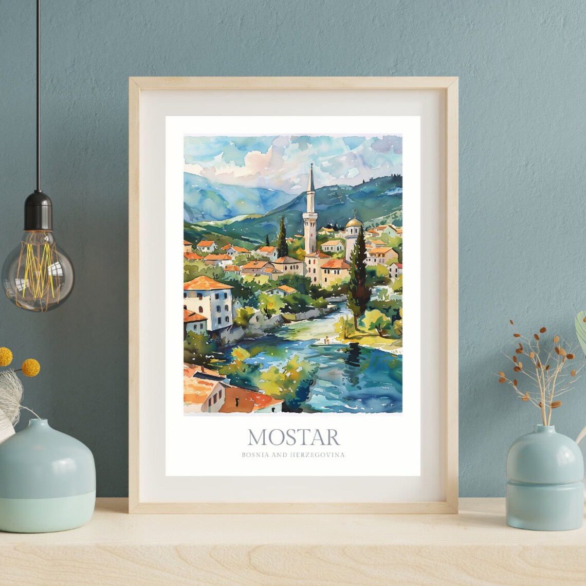 Mostar Bosnia Watercolor River Town Landscape Travel Poster Art - Image 2