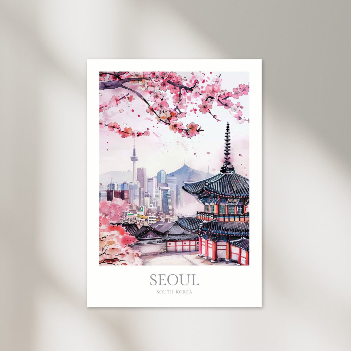Seoul Watercolor Travel Poster, South Korea Art