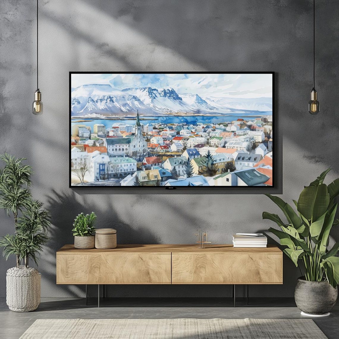 Reykjavik Iceland Watercolor Cityscape Mountain Skyline Wall Art