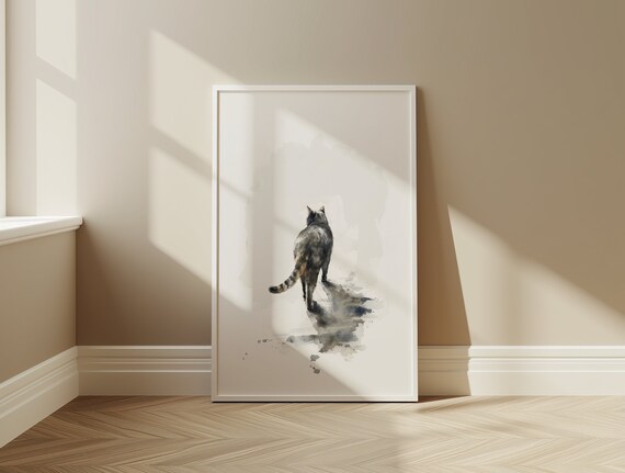 Walking Tabby Cat Minimalist Ink Watercolor Simple Cute Feline Poster