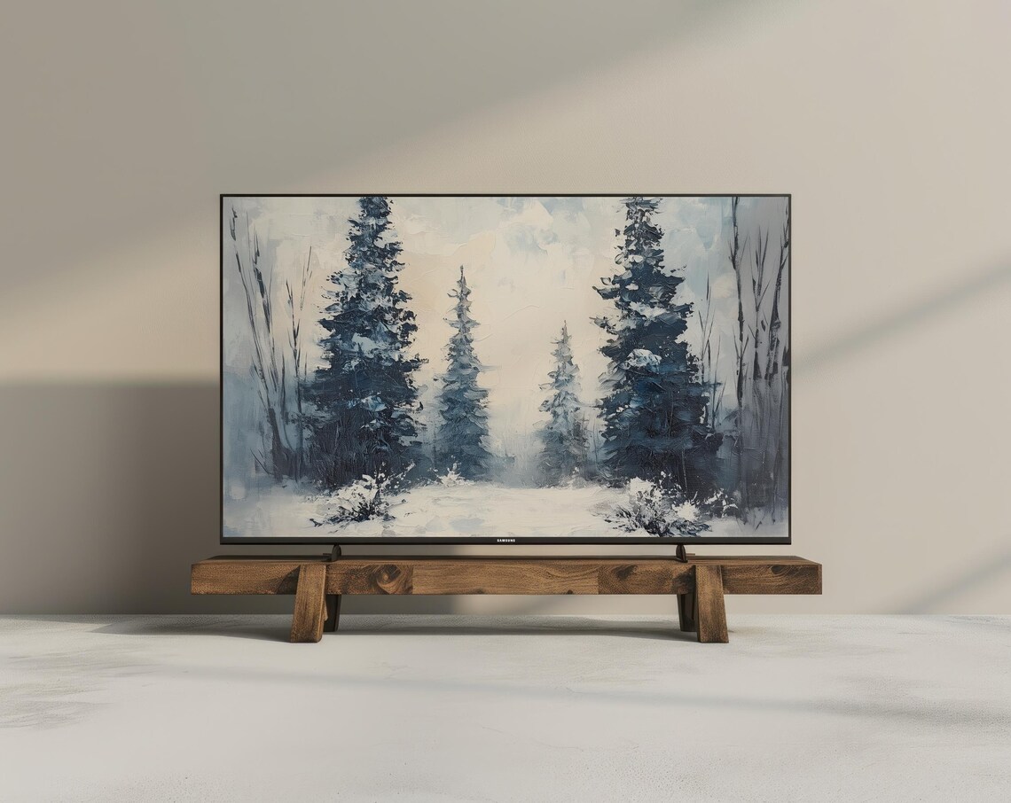Winter Forest Vintage Oil Painting Snowy Pines Frame Tv Wall Art - Image 2