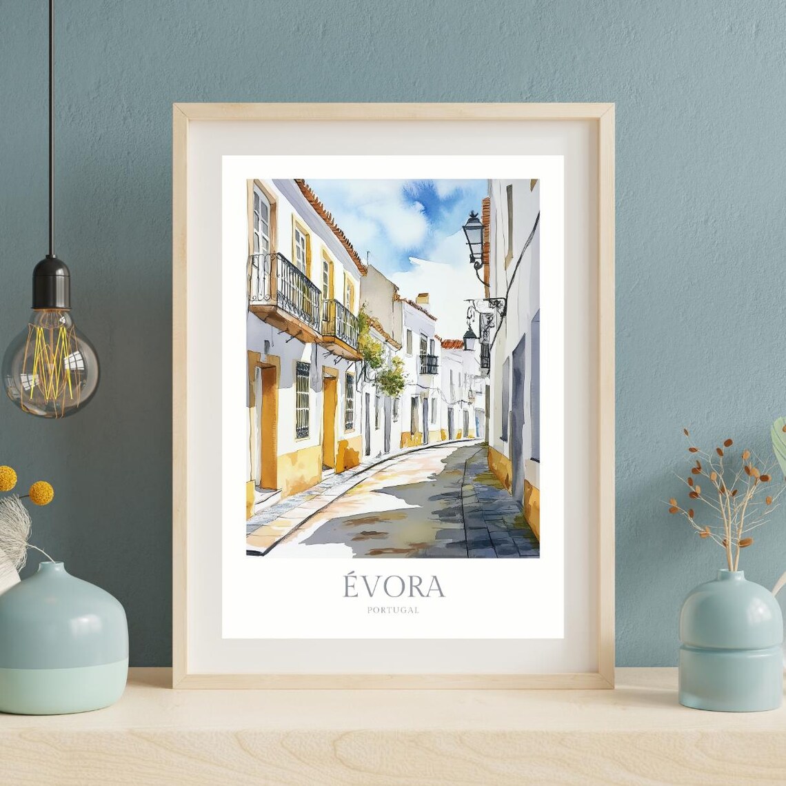 Evora Portugal Cobblestone Street Old Town Watercolor Poster - Image 2